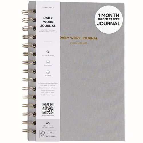 Daily Work Journal – Monthly Undated Planner with 25 Guided Prompts for Career Clarity, Goal Setting & Productivity – Gray Linen Hardcover Journal for Professionals, Students & Entrepreneurs