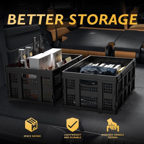 TOOLIOM 50L Collapsible & Stackable Plastic Storage Crates with Handles, Black Folding Shopping Basket, Folding Storage Bin