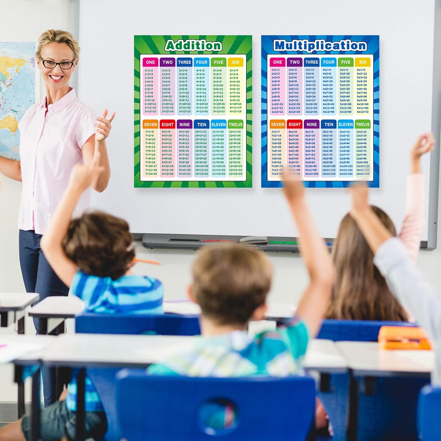 Outus 4 Pack Extra Large Educational Math Posters, Multiplication Chart Times Tables Chart 17 x 22 Inch Division Addition Subtraction Posters for Kids, Elementary Middle School Classroom