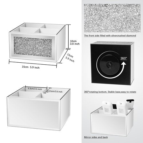 SWTHONY 360 Rotating TV Remote Control Holder Caddy Storage for Table, Silver Bling Crushed Diamond Organizer for Pens and Pencils, Make Up Brushes