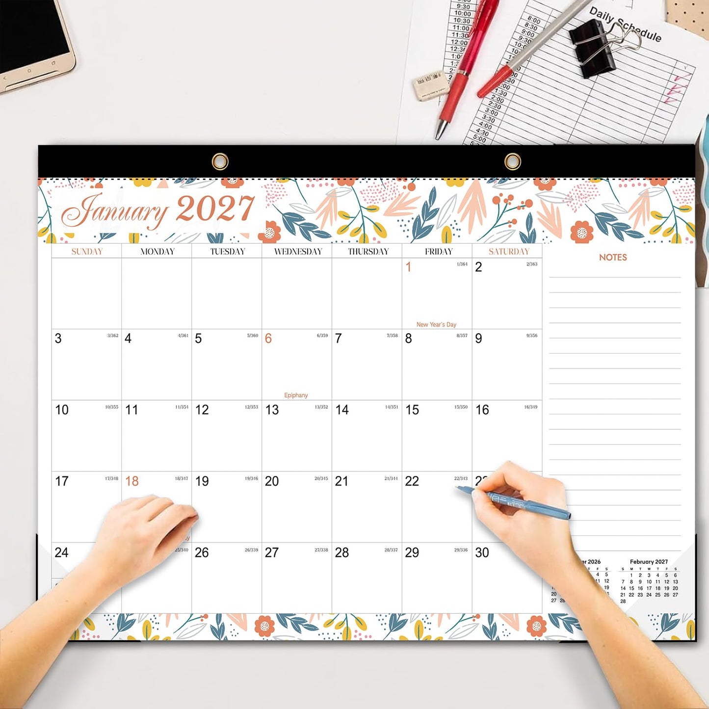Desk Calendar 2026-2027 - 19 Month Desk Calendar july 2026-2027 Dec, 17" x 12", Large Monthly Desktop Calendar with Plastic Cover, Thick Paper, Corner Protectors - Floral (2 Stickers Included)