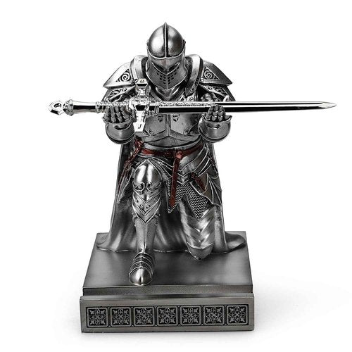 HDMbigmi King's Guard Leader Cloak Warrior Knight Pen Holder Mobile Phone Stand, Ornament Knight Statue, Pen Stand Paperweight for Office and Home (Silver)