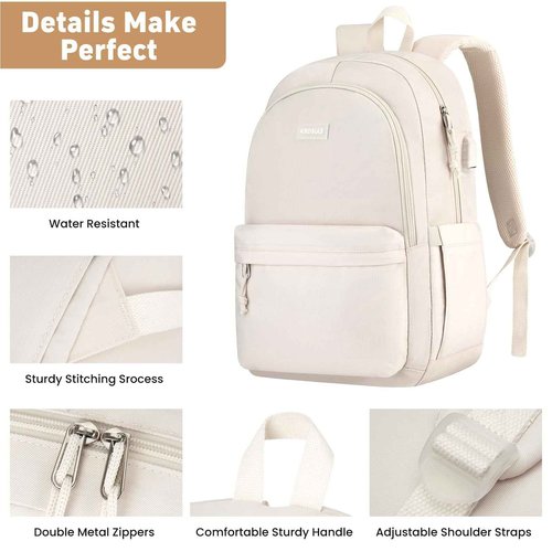 KROSIAS School Backpack for Teens Girls, Cute Student Bookbag Large 15.6 Inch Laptop Bag Aesthetic College Backpacks for Women High School Travel (Beige)