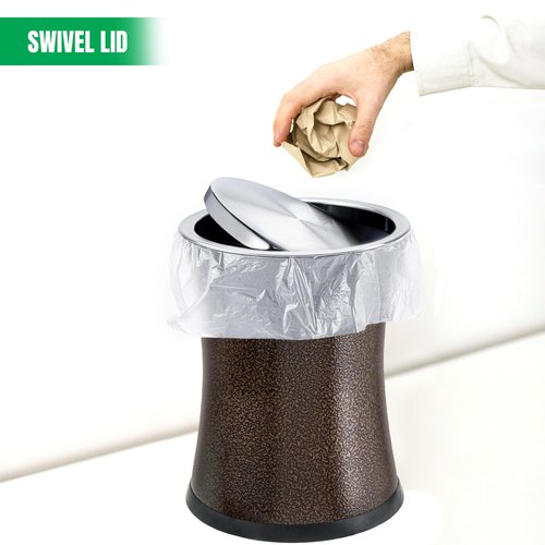 Bennett Swivel-A-Lid Small Trash Can, Metal Attractive 'Center-Inset' Designed Wastebasket, Modern Home Décor, Round Shape (Brown)
