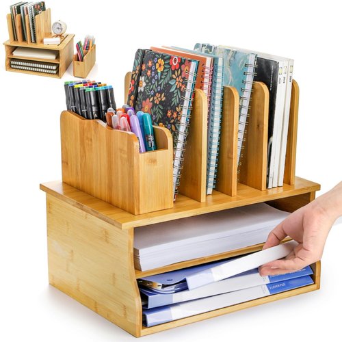 Noamus Bamboo Desk Organizer with File Holder, 3 Tier Office Desktop Organizers with Adjustable Pen Cup, 13" Letter Paper Tray Storage Cubby for Home School Classroom Kitchen Bedroom Supply(Natural)