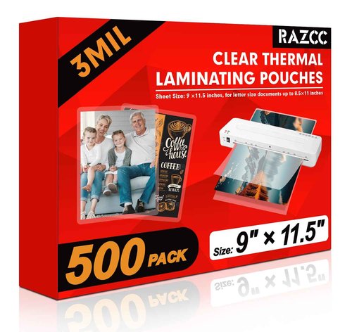 RAZCC Laminating Sheets, 500 Pack Clear Thermal Laminating Plastic Paper Laminator Sheets, 9 x 11.5-Inch, 3mil, Ideal Office or School Supplies