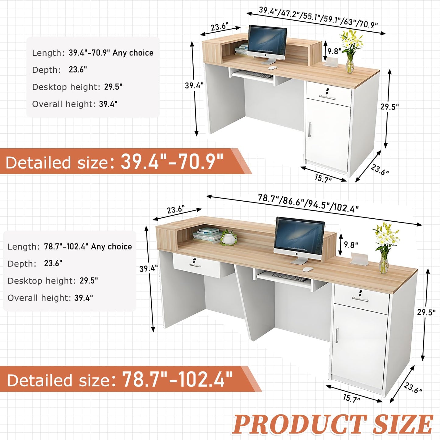 Modern Reception Desk with Drawer & Open Shelves, 39-95 Inch Front Counter Table, Computer Workstation Suitable for Salons, Offices, Lobbies, Retail Stores and Home Offices