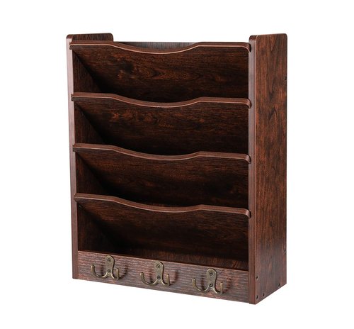 PAG 5-Tier Wall File Holder Hanging Mail Organizer Wood Magazine Literature Rack with 6 Hooks, Brown