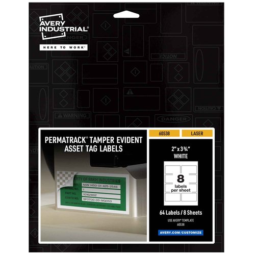 Avery White Asset Tag Labels, 3-3/4" x 2", Tamper-Evident Laser Printable Tags, 64 Waterproof Labels (60538)