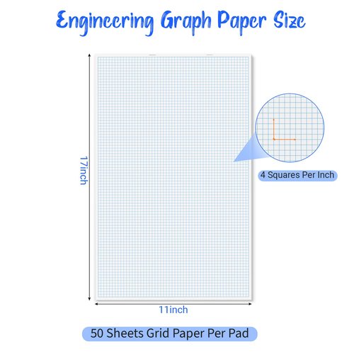 Large Graph Paper Pad, 100 GSM, 11 x 17 inches, 0.25" 4x4 Square Grid, Blueprint, High Brightness, 100 Sheets/200 Pages, 2 Pack Engineering Graph Paper Pads (4 Squares Per Inch, 50 Sheets Each Pad.)