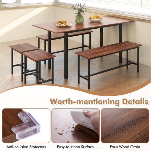 Giantex Dining Table Set for 4-6, 5-Piece Kitchen Table Chairs Set, 63” Extendable Table with 2 Benches, 2 Stools, Dinette Table Set, Breakfast Nook Table Set, Dining Room Table Set (Walnut)