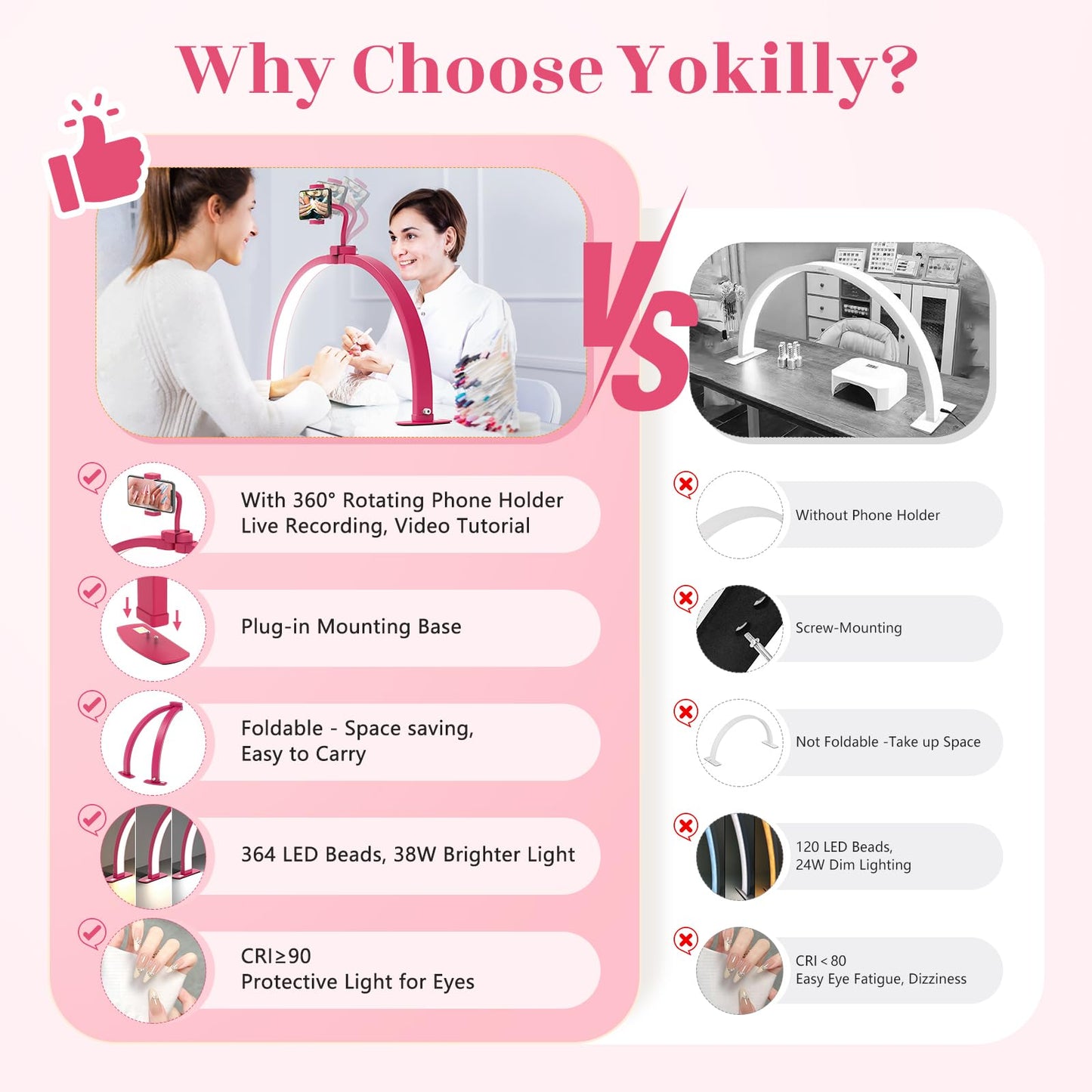 Yokilly Half Moon Light for Nail Desk: 29" Foldable Half Moon Desk Lamp with Phone Holder for Beginner - Arch Nail Tech Light with 3 Color Modes & 10 Brightness for Manicure Salon (Rose Red, Large)