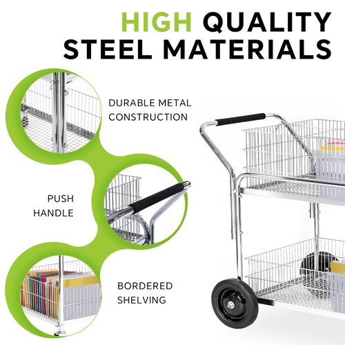 File Cart with Wheels. Heavy-Duty Steel Mail Cart, for Home Office, Laundry, Grocery, Shopping, Restaurant, 23.9" D x 33.46" W x 38" H