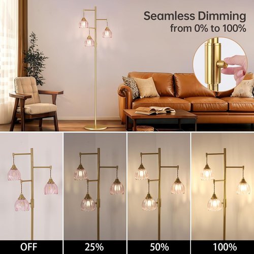 Shenmoyl Vintage Brass Floor Lamp - Stepless Dimming with 3x 6W Bulbs | Elegant Gold Design for Living Room & Nursery (Pink Tulip)