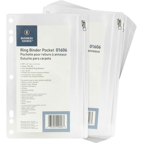 Business Source Ring Binder Pocket with Zipper, 9.5" x 6", Clear with White Back, 24 Count