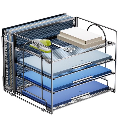 Marbrasse 4 Tier Paper Organizer Letter Tray, Desktop Organizer with Hanging File Holder, Mesh Desk File Office Supplies for Home Office (Black)