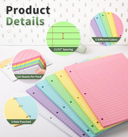 120 Sheets Loose Leaf Binder Paper, 6-Color Wide Ruled Lined Paper, 8” x 10.5”, 3-Hole Punched Notebook Paper Writing Paper for School Office