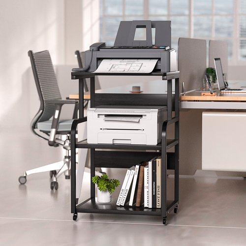 URLINE Large Printer Stand with 3-Tier Wood Storage Shelves -Multi-Purpose Desk Organizer- for Printer Scanner Fax Home Office Use with Wheels (Black)
