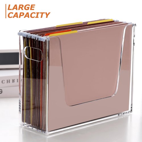 DINGHUO Folder File Organizer, Letter Size Acrylic Hanging File Holder with Handles, Clear Portable Filing Storage Box for Desk, Office Supplies, School - 1 Pack
