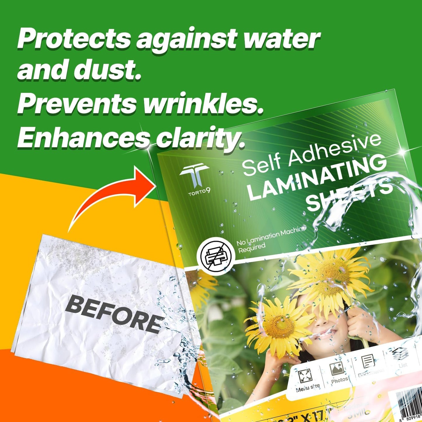 T TORTO9 Peel & Stick Laminating Sheets - 15 Clear Adhesive Sheets, 3mil Thickness, No Heat Required