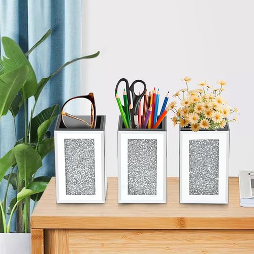 Pibeyer Desktop Mirrored Pencil Holder Cup and Pen Holder, Crush Diamond Office Stationery Organizer, Set of 3