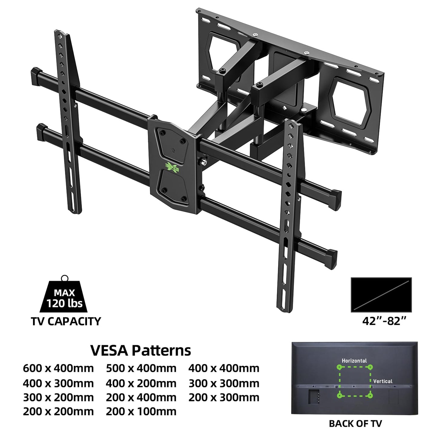 USX MOUNT Full Motion TV Wall Mount for 42-82 Inch TVs up to 120lbs, Wall Mount TV Bracket with Articulating Swivel Tilt Extension Leveling, Max VESA 600x400mm Fits 12/16" Wood Stud
