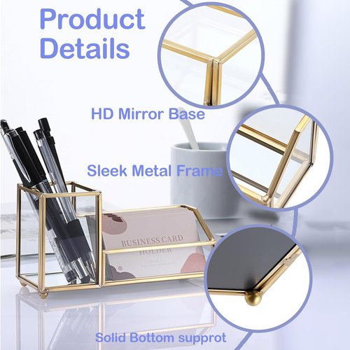 Clipore Glass Business Card Holder Metal Pen Pencil Storage Holder for Desk Clear Business Card Display Organizer Case for Office （gold） Send Goods from Local Warehouse