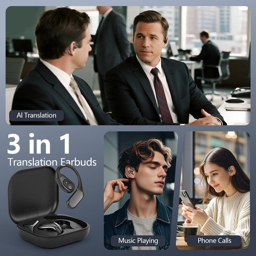 AI Translation Earbuds Real Time, 3-in-1 Translator Earbuds 164 Languages & Accents, Audifonos Traductores Inglés Español,Open Ear Wireless Headphones with Charging Case fit iOS & Android Black