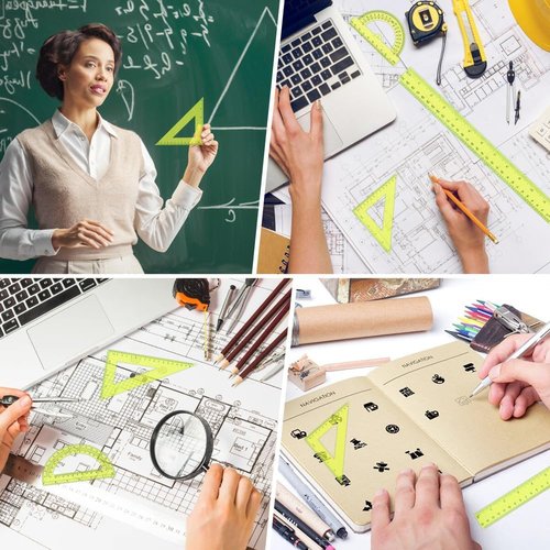 Plastic Clear Ruler Math Set - 6" & 12" Straight Rulers, Protractors & Triangle Rulers | Yellow