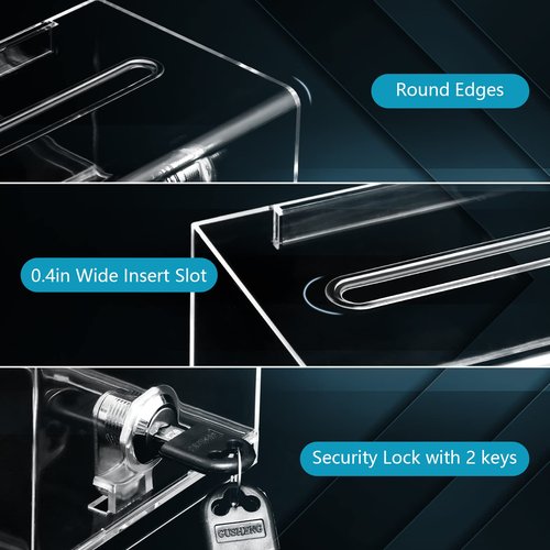 KYODOLED Clear Donation Box for Fundraising with Lock & Sign Holder, Multi-Use Voting and Raffle Box, Tip Jar, Secure Storage, Size 6.2'' x 4.6'' x 4.0''