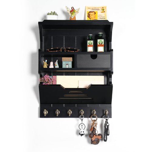 Mutsault Key Holder for Wall, Elegant Wall-Mounted Mail Organizer with Storage Drawers, Black