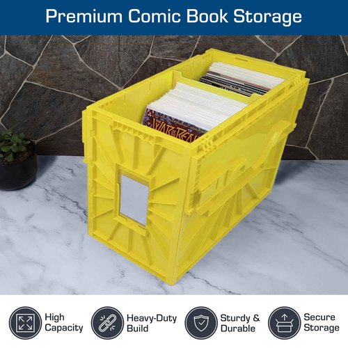 BCW Short Comic Book Bin | Holds 150 Comics | Stackable Plastic Storage | Acid-Free Organizer | Yellow, 2 Pack