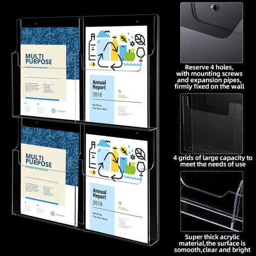RattanView 2 Pcs 4 Pocket Pamphlet Holder Wall Mount Acrylic Brochure Holder Plastic Trifold Multi Slot Flyer Rack Clear Literature Rack Magazine Literature Display Wall Hanging Organizer for Office