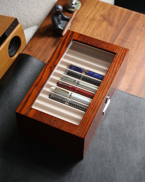 Besforu wood pen display case 24 slot Fountain pen Box storage Organizer with drawer, Top Glass Window Pen Collection Display Case