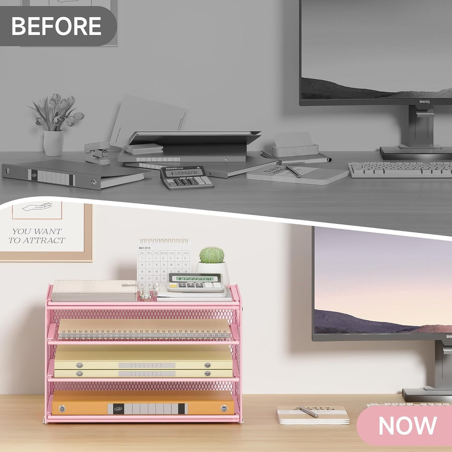 Subekyu Desk Organizer - Pink Metal Mesh Letter Tray with Handle & 2 Sliding Trays for Home Office