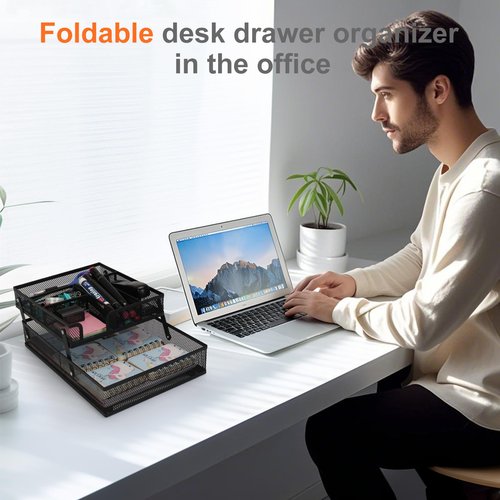 Desk Drawer Organizer Tray, Foldable Metal Mesh Wire, 2-Layer Mesh Tray, Desktop Accessory Organizer for Storing Office Supplies Scissors, Pens, A4 Paper, Stapler, Clips, Erasers
