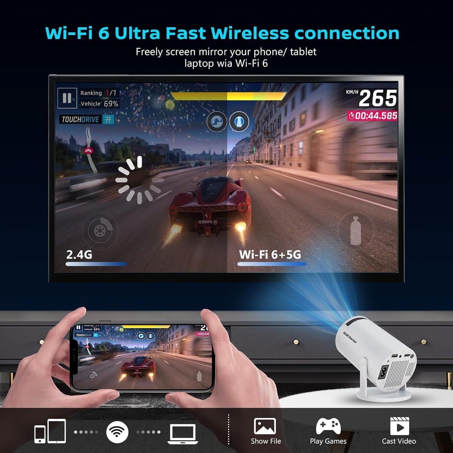 Skiennix Mini Projector - 4K Smart Portable Projector with WiFi 6 & Bluetooth 5.3 | Auto Keystone, 180° Rotatable