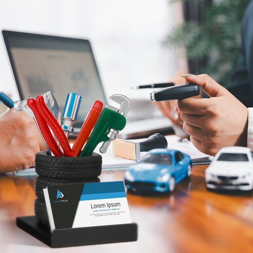 Fuyoooo 7 Pcs Car Pen Holder Tire Shape Stationery Set Gift Business Card Holder Automotive Desk Organizer Novelty Tool Wrench Pens Fun Tire Decor for Office Mechanic Men Car Lover Sales Accessories