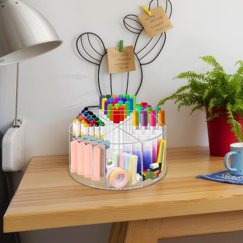 yintok Acrylic Rotating Organizer, Large Pen Organizer 360° Rotating Crayon and Marker Holder, Pen Holder with 6 Compartments, Pencil Storage Organizer with Handle for Office Home School