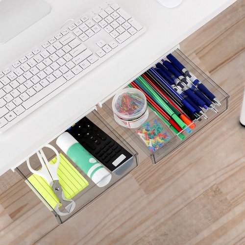 SOUJOY 3 Pack Under Desk Drawer, Self-Adhesive Slide Out Organizer Tray, Plastic Stick On Table Hidden Attachable Drawer Tray for Office Home School Kitchen