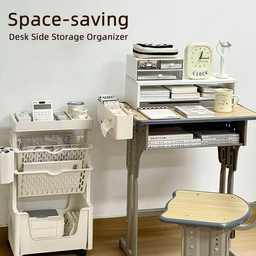 Desk Side Storage Organizer, Desk Cup Holder, No Drill Pen/Pencil/Phone Holder with Hanging Under Table, Clamp On Desktop Side, Stationery Organization Accessories for Home Office(L-size)