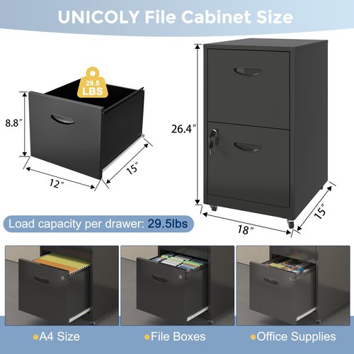 UNICOLY 2 Drawer File Cabinet, File cabinets for Home Office, Metal Filing Cabinet with Wheels, Filing Cabinets with Lock, Printer Stand, for A4, Letter Size Documents, Black