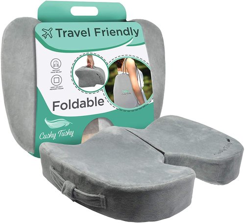 Cushy Tushy Premium Foldable Travel Seat Cushion - for Relief of Lower Back, Sciatic, Butt and Tailbone Pain - for Home & Office Use, Perfect for Travel or Driving - Coccyx Seat Cushion