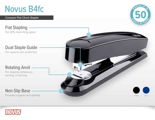 Novus B4fc Flat Clinch Stapler, 50 Sheet Capacity, Dual Staple Guide, German Engineered, Staple|Pin|Tack, Steel Drive, 25 Yr. Warranty, Blue (020-1468)