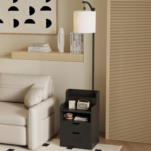 COTUBLR Floor Lamp with Table, End Table with Charging Station, Wooden Black Nightstand with 2 Drawers and LED Bulb, Modern Shelves Side Table for Bedroom Living Room Home Office