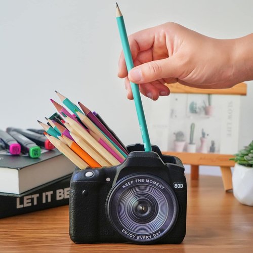 Camera Pen Pencil Holder Desk-Decor - Bookend Shelf Decor Makeup Brush Holder, Aesthetic Desk Accessories Supplies Holders Organizer for Office Stationary Birthday Anniversaries Graduation Gift