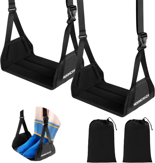 Skiennix Airplane Foot Hammock - No Collapse Foot Rest for Travel | Adjustable Strap & Foam Comfort (Black, 2PC)