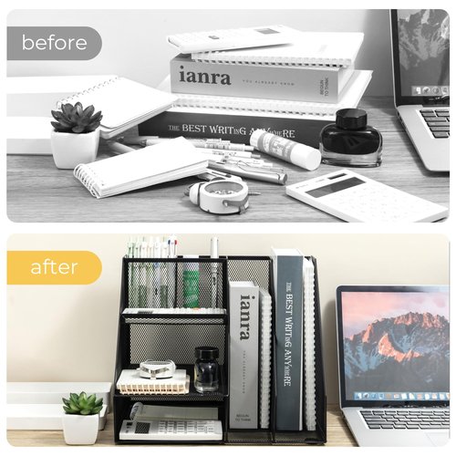M&G Office Desk Accessories, Desk Organizer, 4-Tier Office Supplies with File Holder, Integrated Design without Installation, Paper Organizer with Pen Holder for School Home, Black