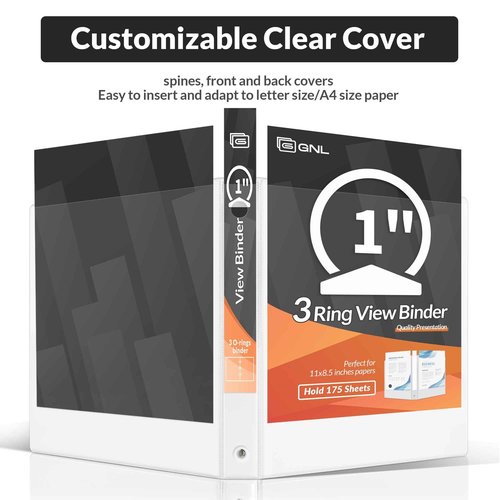 GNL 1 Inch Binders 3 Ring Bulk, 1" Three Ring Clear View Binder (Fit 8.5"x11" Paper) PVC-Free & Non-Stick for Office & School Supplies, White, 12 Pack