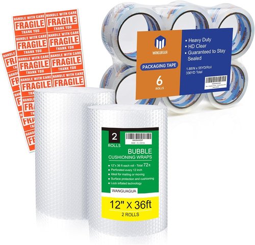 Perforated Bubble Packing Wrap - 12" x 72' | Heavy Duty Packing Tape 1.88" x 55 Yards - 6 Pack
